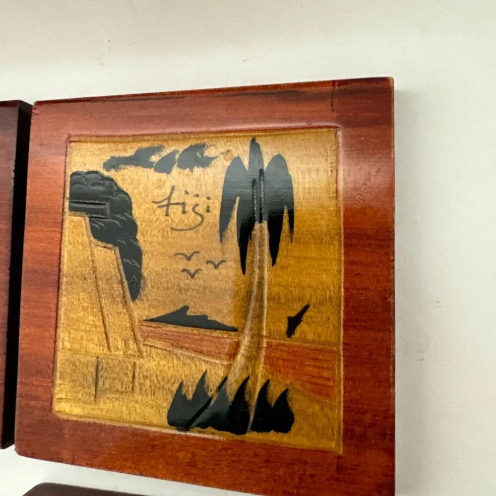 Vintage Bula Fiji Wood Carving Tropical Scene Set of 4 Carved Wooden Coaster